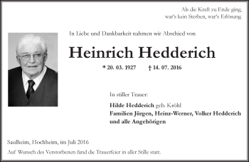 Traueranzeige von Heinrich Hedderich von Trauerportal Rhein Main Presse