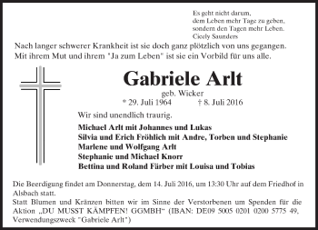 Traueranzeige von Gabriele Arlt von Trauerportal Echo Online