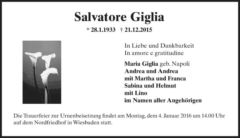  Traueranzeige für Salvatore Giglia vom 02.01.2016 aus  Wiesbaden komplett
