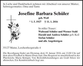 Traueranzeige von Josefine Barbara Schüler von  Allgemeine Zeitung Mainz
