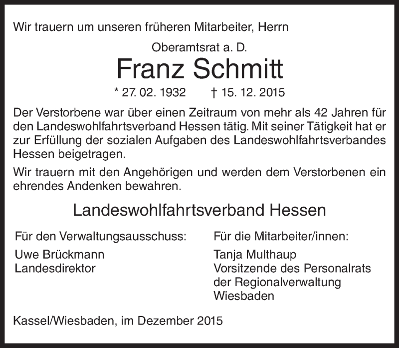  Traueranzeige für Franz Schmitt vom 28.12.2015 aus  Wiesbaden komplett