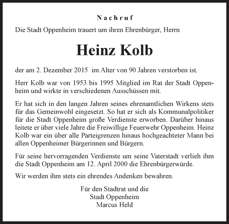  Traueranzeige für Heinz Kolb vom 05.12.2015 aus  Landskrone