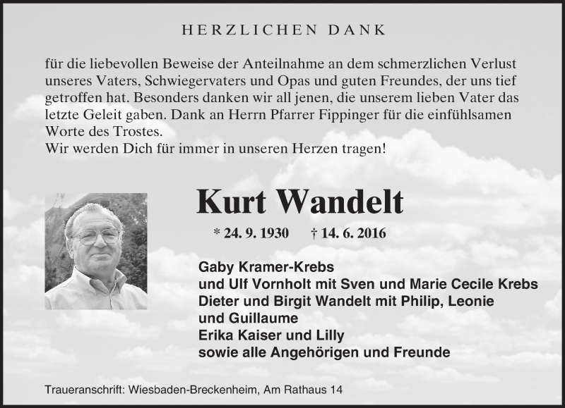  Traueranzeige für Kurt Wandelt vom 02.07.2016 aus Trauerportal Rhein Main Presse