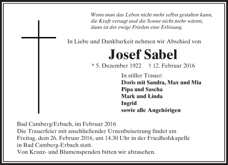  Traueranzeige für Josef Sabel vom 18.02.2016 aus  Camberger Anzeiger