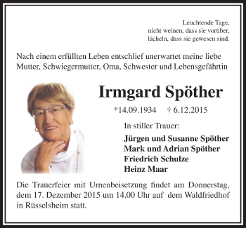 Traueranzeige von Irmgard Spöther von  Mainspitze