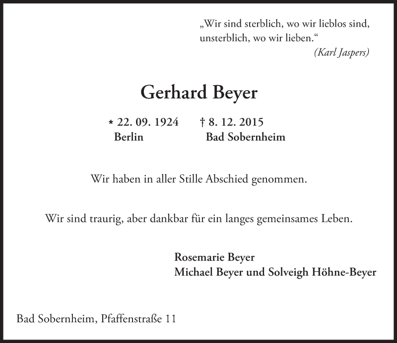  Traueranzeige für Gerhard Beyer vom 21.12.2015 aus  Allg. Zeitung Bad Kreuznach