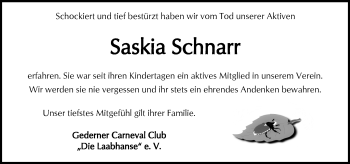 Traueranzeige von Saskia Schnarr von  Kreisanzeiger