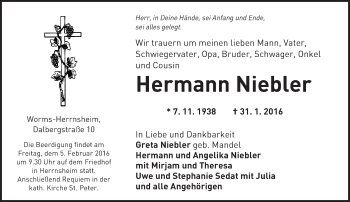 Traueranzeige von Hermann Niebler von  Wormser Zeitung