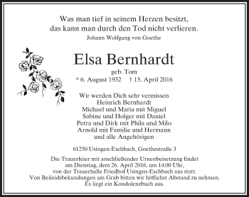 Traueranzeige von Elsa Bernhardt von  Usinger Anzeiger