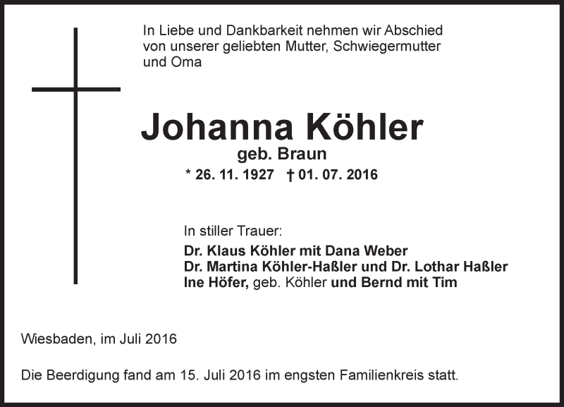  Traueranzeige für Johanna Köhler vom 16.07.2016 aus Trauerportal Rhein Main Presse