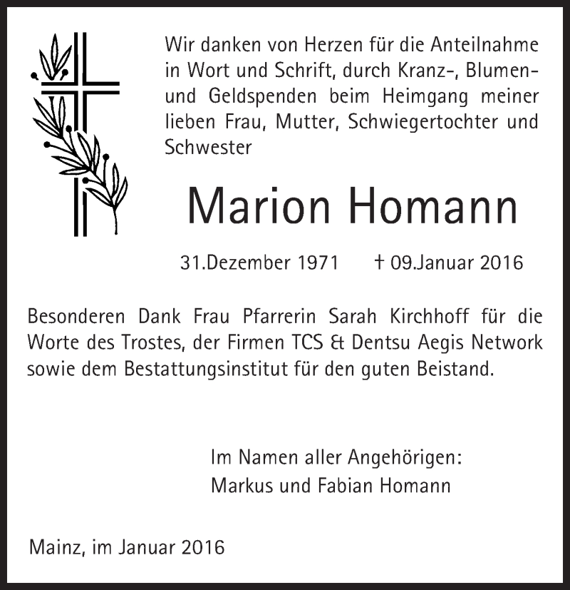  Traueranzeige für Marion Homann vom 30.01.2016 aus  Allgemeine Zeitung Mainz