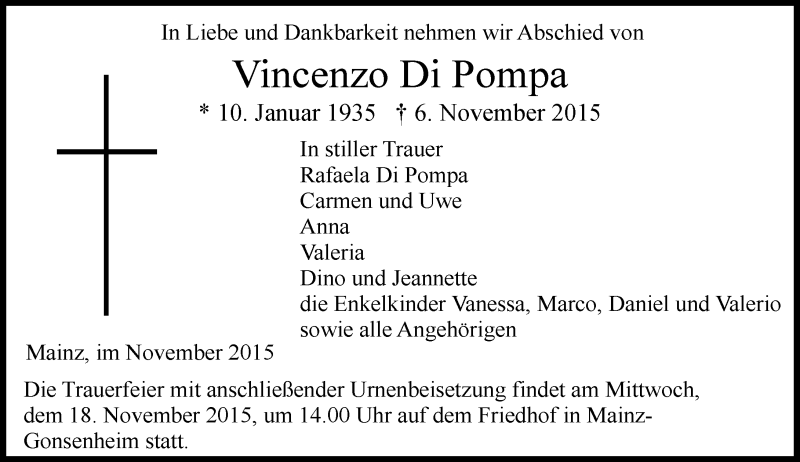 Traueranzeige für Vincenzo Di Pompa vom 14.11.2015 aus  Allgemeine Zeitung Mainz