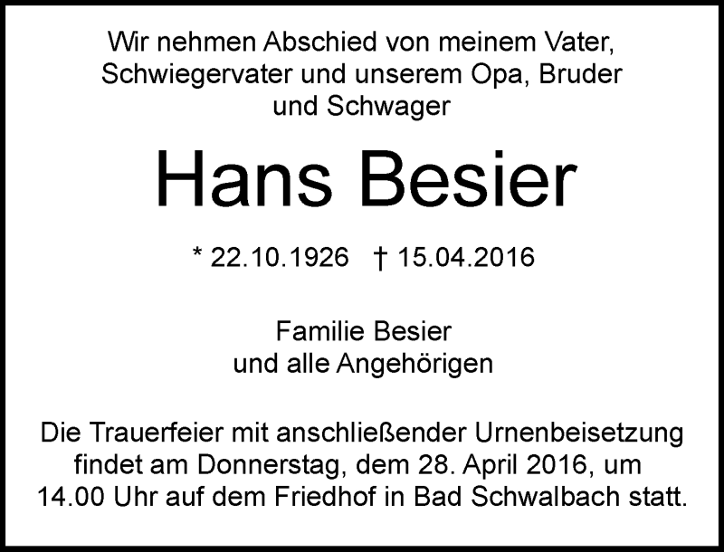  Traueranzeige für Hans Besier vom 23.04.2016 aus  WK-UTA/Aar-Bote