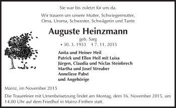 Traueranzeige von Auguste Heinzmann von  Allgemeine Zeitung Mainz