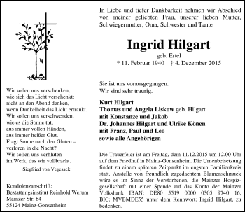 Traueranzeige von Ingrid Hilgart von  Allgemeine Zeitung Mainz