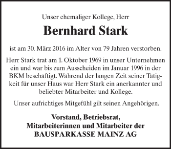 Traueranzeige von Bernhard Stark von trauer.rmp.de