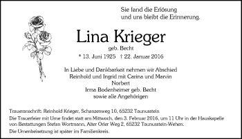 Traueranzeige von Lina Krieger von  Wiesbaden komplett