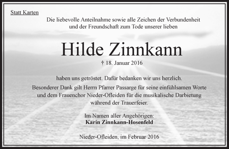  Traueranzeige für Hilde Zinnkann vom 20.02.2016 aus  OK Oberhessen Kurier