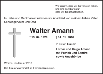 Traueranzeige von Walter Amann von  Wormser Zeitung