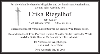Traueranzeige von Erika Riegelhof von  Usinger Anzeiger