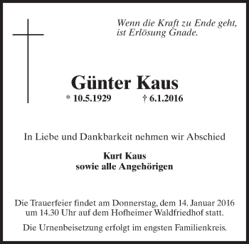 Traueranzeige von Günter Kaus von  Hofheimer Zeitung