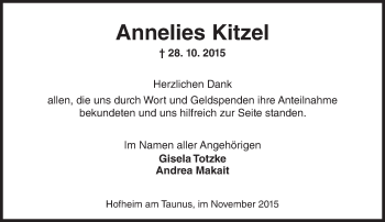 Traueranzeige von Annelies Kitzel von  Hofheimer Zeitung