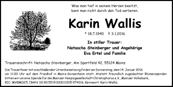Traueranzeige von Karin Wallis von  Allgemeine Zeitung Mainz