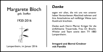 Traueranzeige von Margarete Bloch von  Bürstädter Zeitung