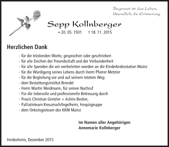 Traueranzeige von Sepp Kollnberger von  Allgemeine  Zeitung Ingelheim-Bingen