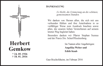 Traueranzeige von Herbert Gemkow von  Allgemeine Zeitung Mainz