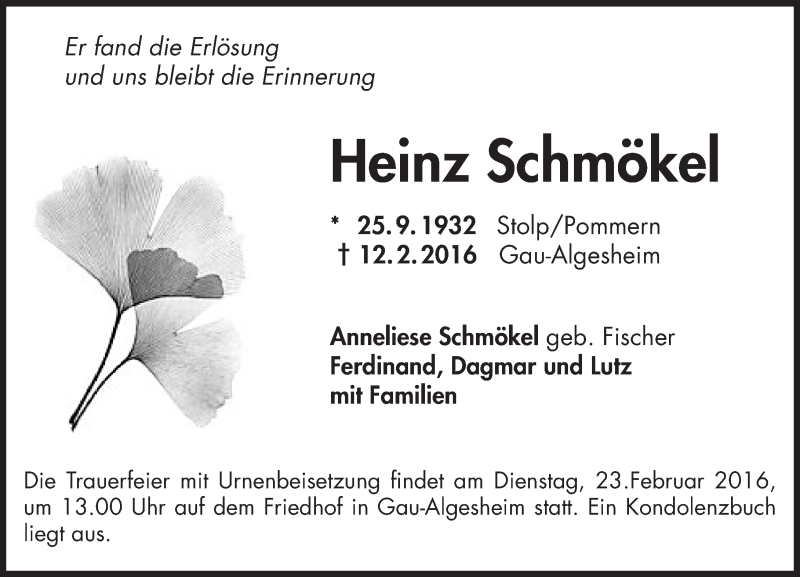  Traueranzeige für Heinz Schmöke vom 18.02.2016 aus  Allgemeine  Zeitung Ingelheim-Bingen