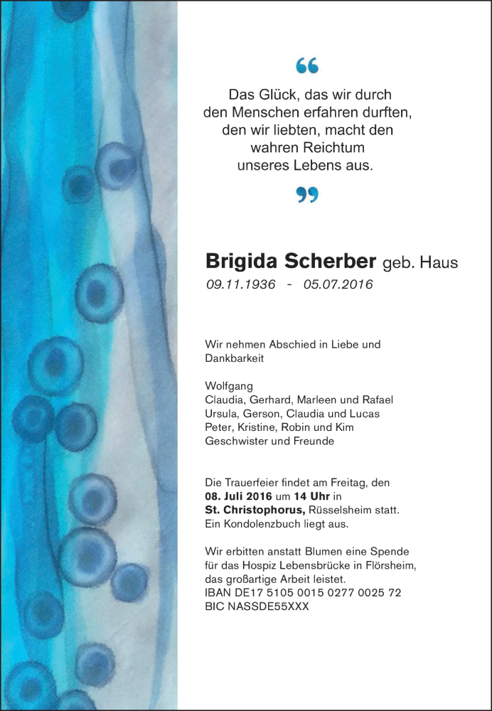  Traueranzeige für Brigida Scherber vom 07.07.2016 aus Trauerportal Rhein Main Presse