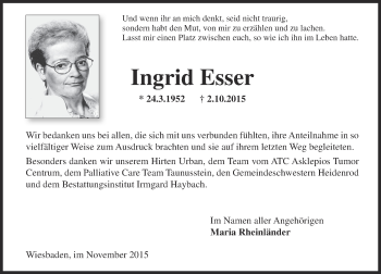 Traueranzeige von Ingrid Esser von  Wiesbaden komplett