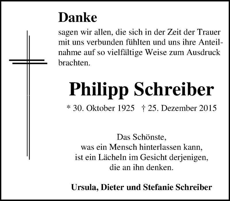  Traueranzeige für Philipp Schreiber vom 19.01.2016 aus  Allgemeine Zeitung Mainz