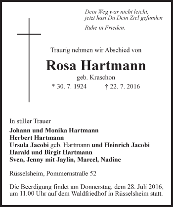 Traueranzeige von Rosa Hartmann von Trauerportal Rhein Main Presse