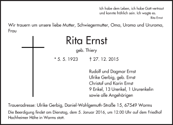 Traueranzeige von Rita Ernst von  Allgemeine Zeitung Alzey
