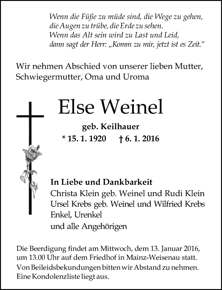  Traueranzeige für Else Weinel vom 09.01.2016 aus  Allgemeine Zeitung Mainz