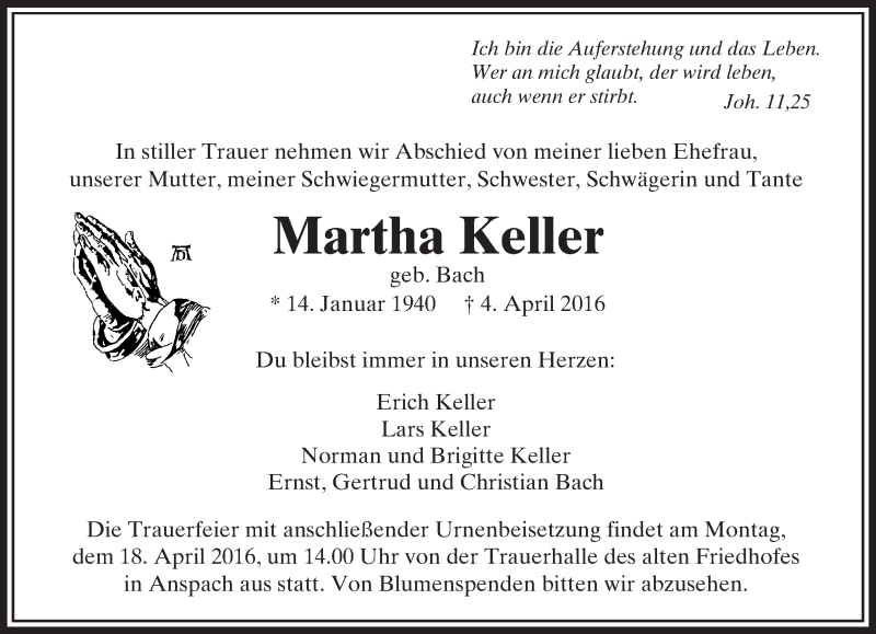  Traueranzeige für Martha Keller vom 13.04.2016 aus  Usinger Anzeiger