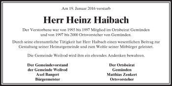 Traueranzeige von Heinz Haibach von  Usinger Anzeiger