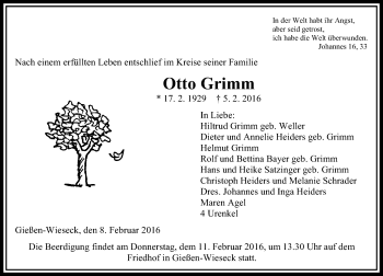Traueranzeige von Otto Grimm von  Gießener Anzeiger