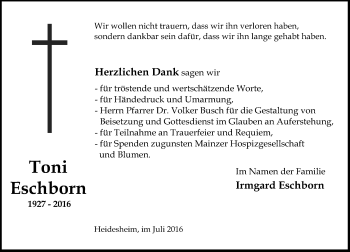 Traueranzeige von Toni Eschborn von Trauerportal Rhein Main Presse