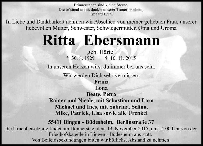  Traueranzeige für Ritta Ebersmann vom 14.11.2015 aus  Allgemeine  Zeitung Ingelheim-Bingen