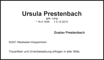Traueranzeige von Ursula Prestenbach von  Wiesbaden komplett
