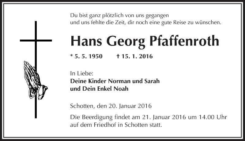  Traueranzeige für Hans Georg Pfaffenroth vom 20.01.2016 aus  Kreisanzeiger