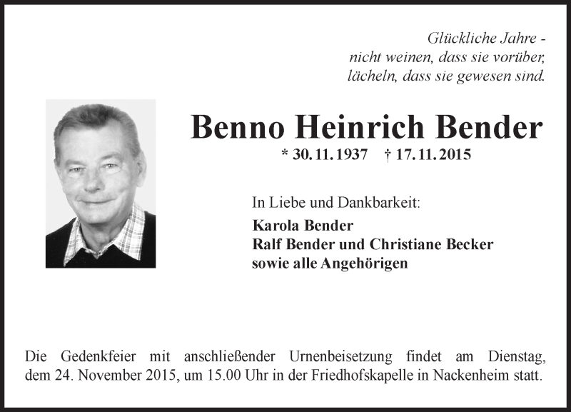  Traueranzeige für Benno Heinrich Bender vom 21.11.2015 aus  Landskrone