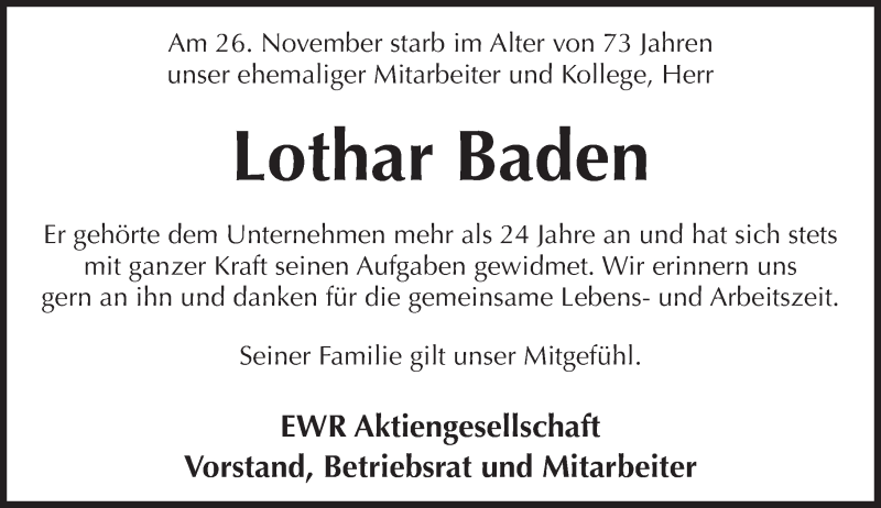  Traueranzeige für Lothar Baden vom 08.12.2015 aus  Wormser Zeitung