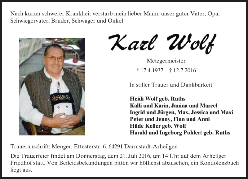  Traueranzeige für Karl Wolf vom 16.07.2016 aus Trauerportal Echo Online
