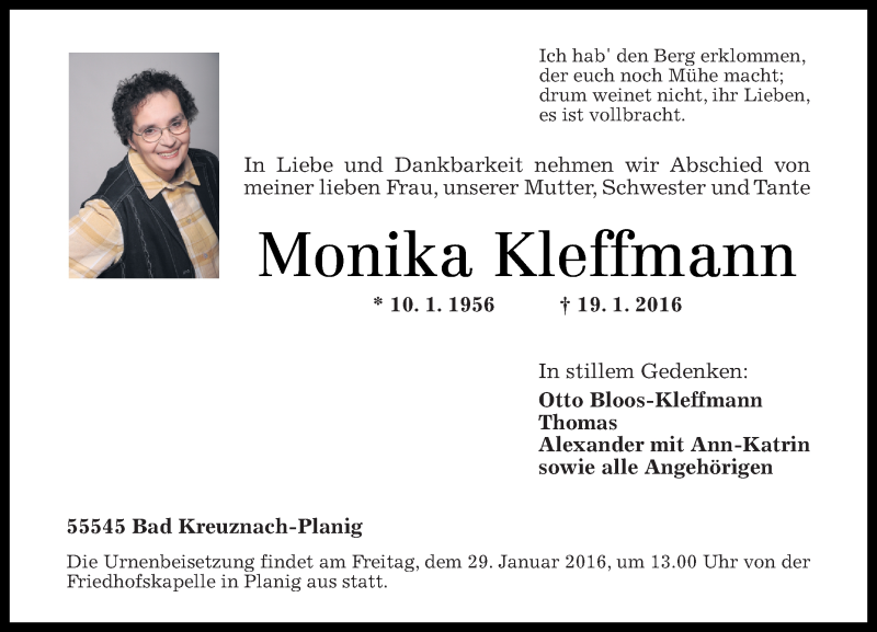  Traueranzeige für Monika Kleffmann vom 23.01.2016 aus  Allg. Zeitung Bad Kreuznach
