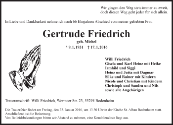 Traueranzeige von Gertrude Friedrich von  Allgemeine Zeitung Mainz