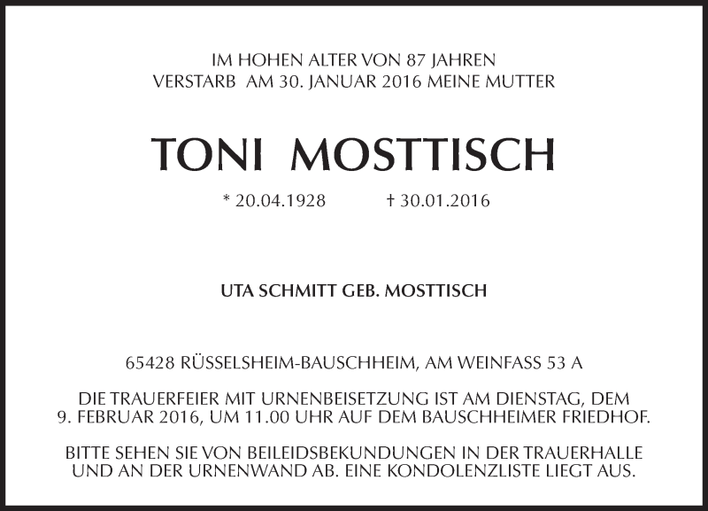  Traueranzeige für Toni Mosttisch vom 06.02.2016 aus  Mainspitze